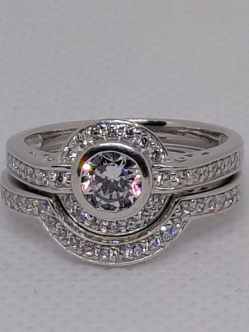 Sterling Silver Travel Bridal Set - Bezel Solitaire & Halo Ring Jacket - Size 9 - Picture 5 of 10